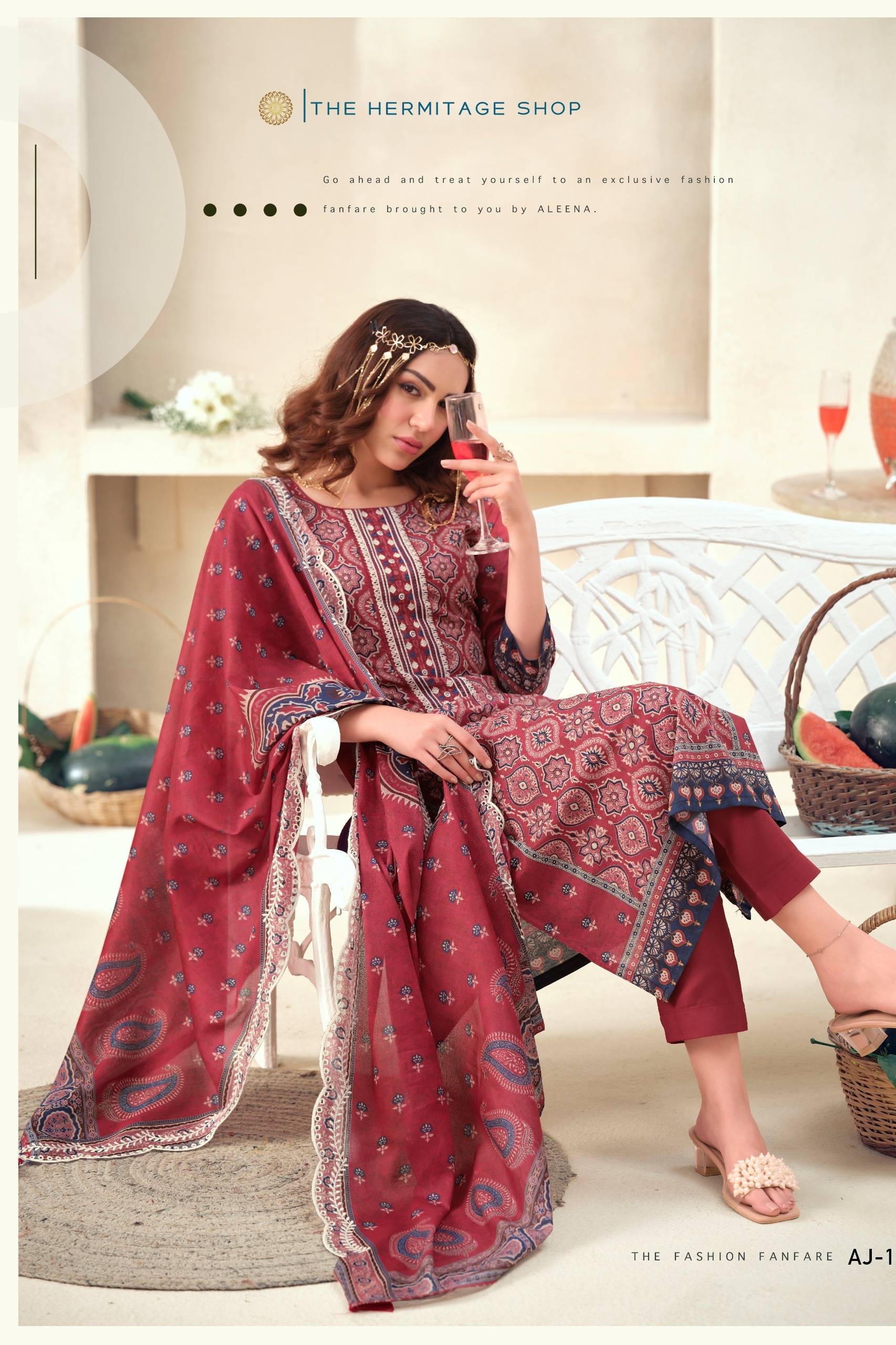 AJRAKH VOL 1 By THE HERMITAGE SHOP  101 To 104 Series Designer Suits FINEST LAWN COTTON Dresses At Wholesale Price